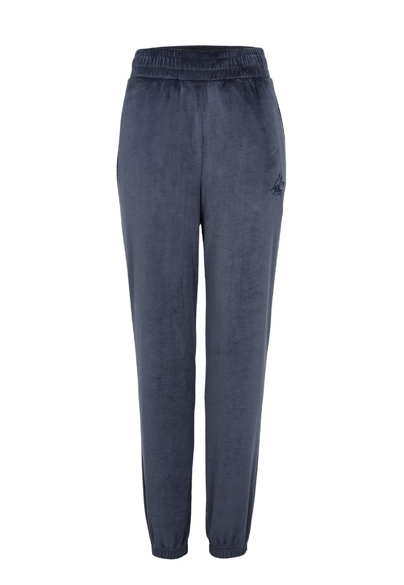 Marineblaue weiche Velour-Jogginghosen mit einem elastischen Bund, schmalen Bündchen und dezent gesticktem Logo auf einem Bein. Glatte Textur, lässige Passform.