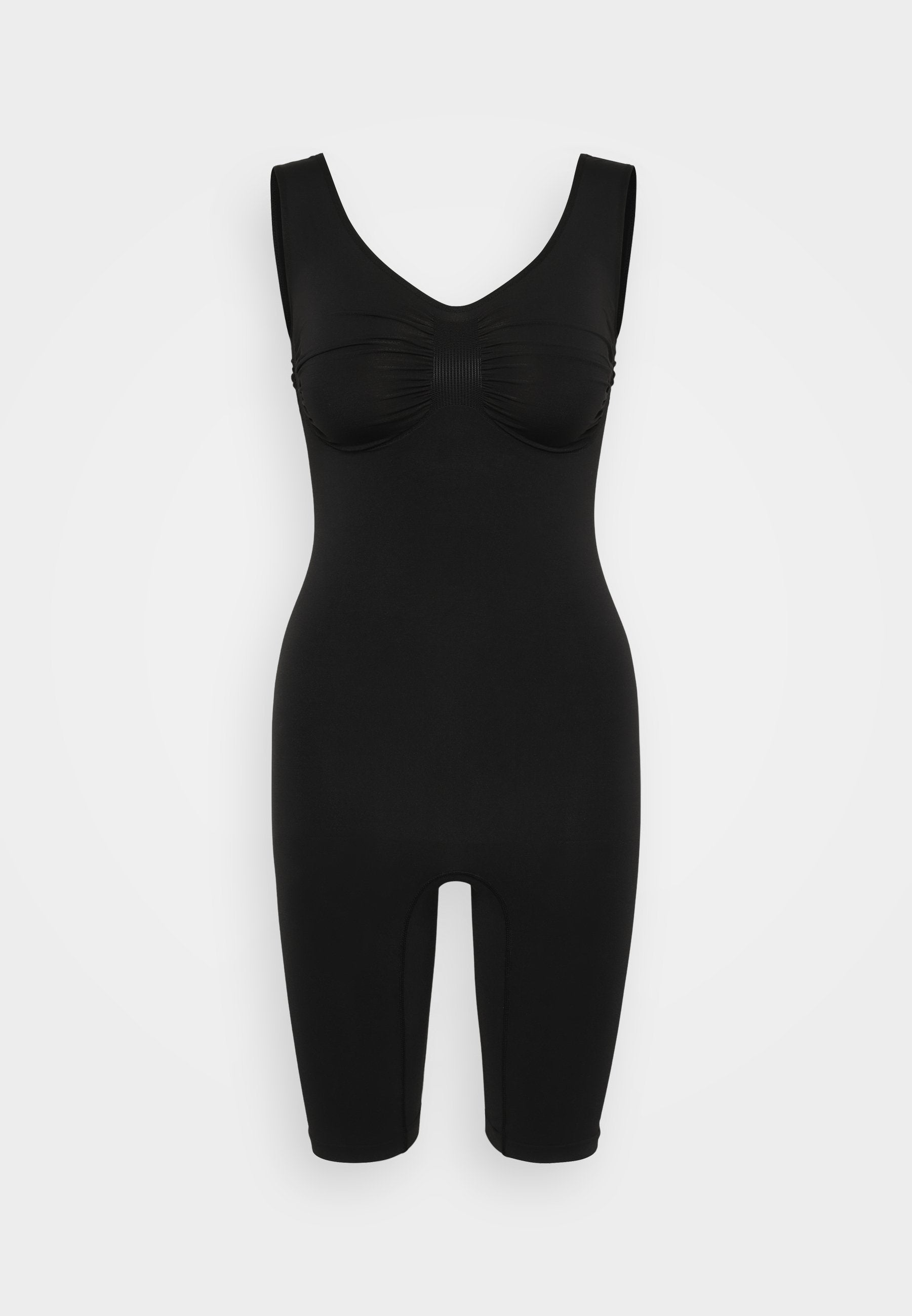 Schwarzer Body aus dehnbarem Stoff, mit einem runden Ausschnitt, ärmellosem Design, gerafftem Bustier-Detail und einer knöchellangen Schnittform mit Öffnungen.