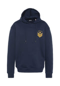 Marineblauer Kapuzenpullover aus Baumwollmischung. Verfügt über eine Vorderseitentasche, eine Kapuze mit Kordelzug und ein gelbes Grafikdesign auf der linken Brust.