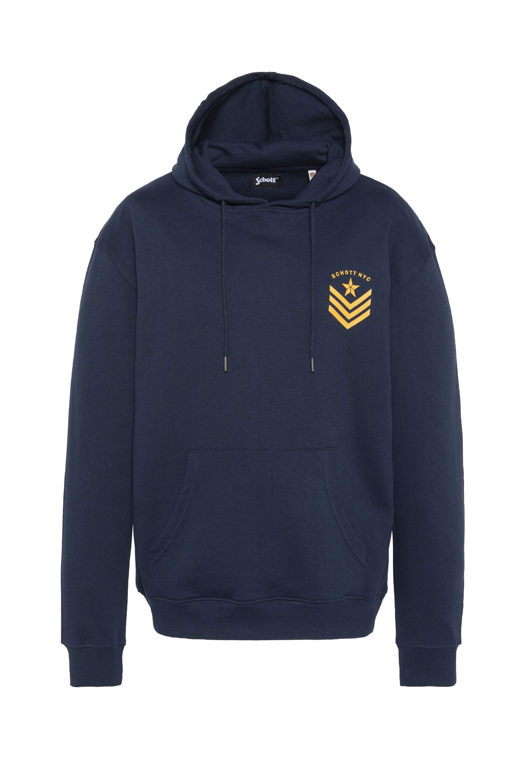 Marineblauer Kapuzenpullover aus Baumwollmischung. Verfügt über eine Vorderseitentasche, eine Kapuze mit Kordelzug und ein gelbes Grafikdesign auf der linken Brust.