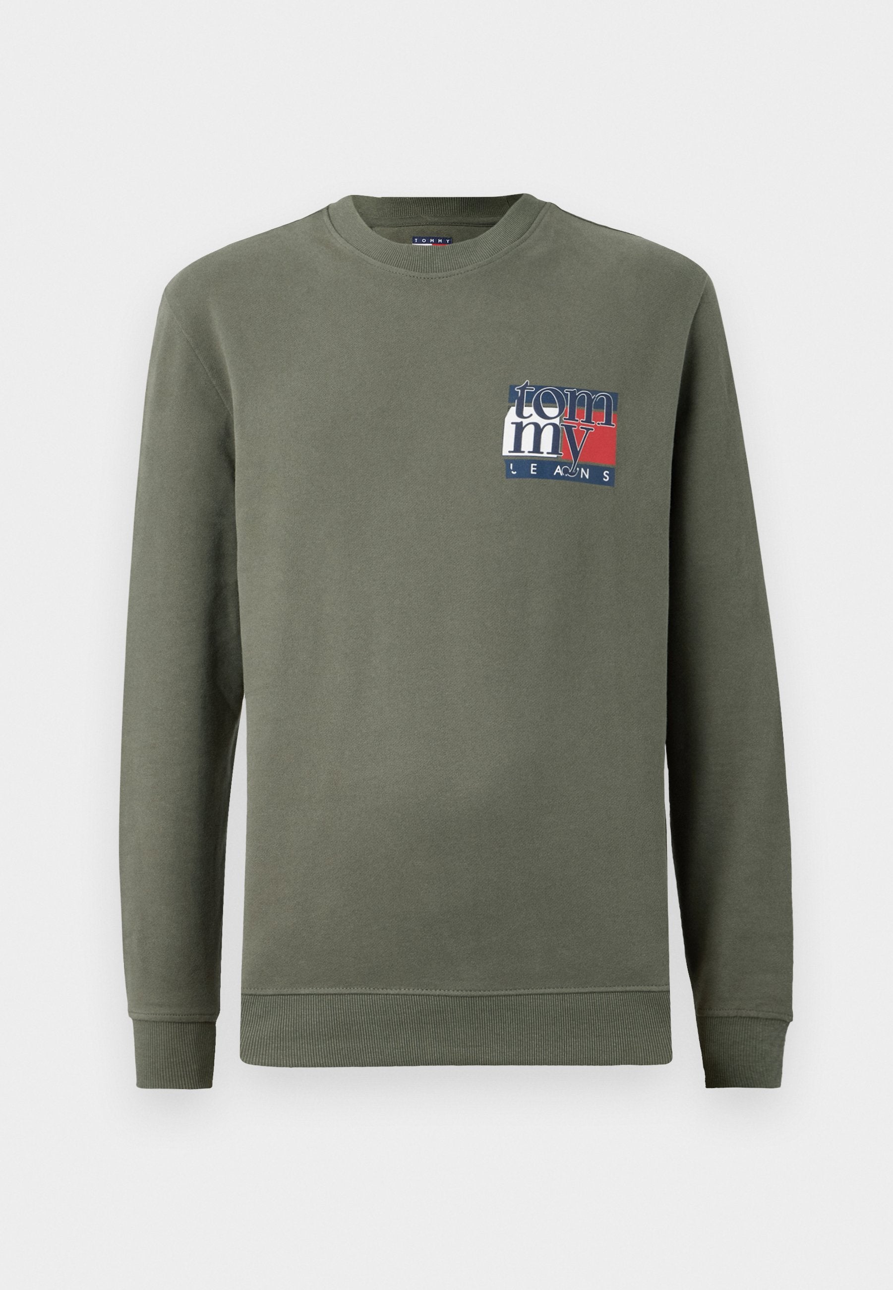 Grüner Langarm-Sweatshirt aus Baumwolle mit einem Rundhalsausschnitt. Verfügt über ein grafisches Logo in Rot, Weiß und Blau auf der Brust. Rippbündchen und Saum.