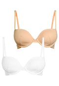 Zwei BHs ausgestellt, einer in Beige und einer in Weiß. Beide haben formende Cups, verstellbare Träger und ein nahtloses Design. Glatte Stofftextur.