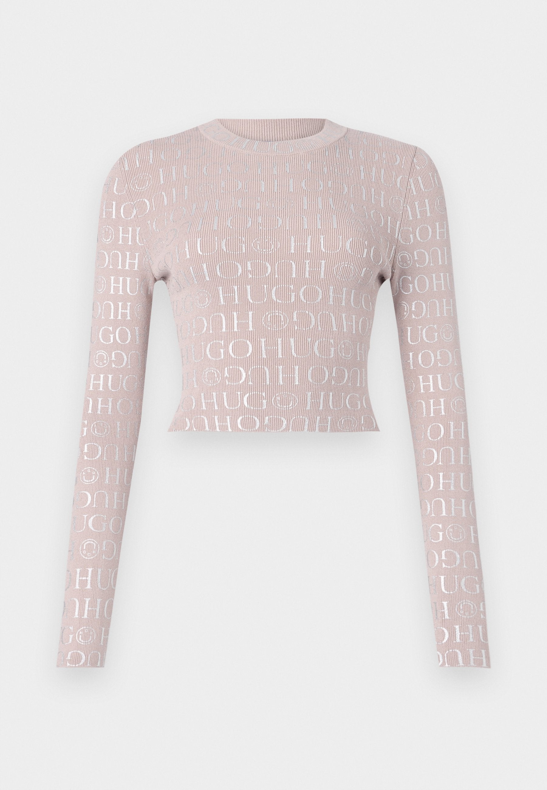 Hellrosa, gerippter, langärmliger, verkürzter Pullover mit einem sich wiederholenden glänzenden Logo-Muster in Weiß. Runder Ausschnitt, figurbetonte Silhouette.