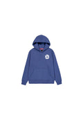 Blaues Baumwoll-Hoodie mit einer Fronttasche, einer Kapuze und "ALPHA" in Weiß auf der Brust gedruckt. Rippbündchen und -saum. Weicher Stoff.