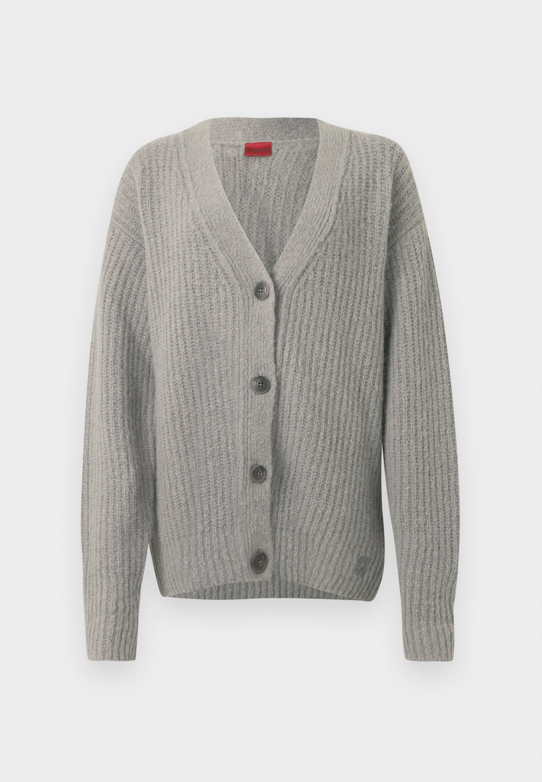 Graue Strickjacke mit geripptem Muster, V-Ausschnitt und fünf Knöpfen. Hat lange Ärmel und einen geraden Saum. Schlichtes Design, weiches Material.
