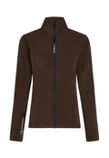 Braune Fleecejacke mit hohem Kragen und vollem Frontreißverschluss. Mit "O'Neill"-Markierung und "Polartec"-Logo auf einem Ärmel. Weiche Textur.