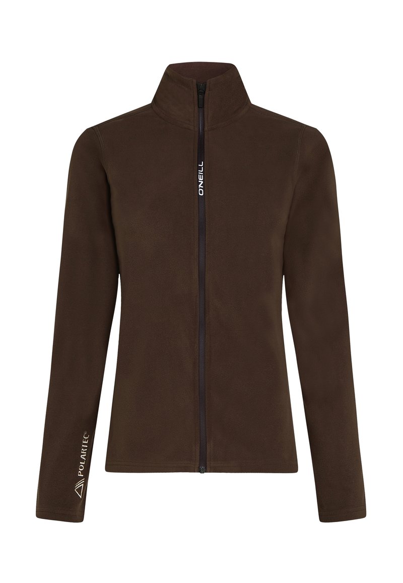Braune Fleecejacke mit hohem Kragen und vollem Frontreißverschluss. Mit "O'Neill"-Markierung und "Polartec"-Logo auf einem Ärmel. Weiche Textur.
