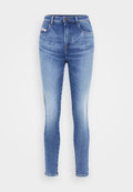 Hautgeschnittene Skinny-Jeans aus hellblauem Denim, mit Knopfverschluss, zwei frontalen Taschen und ausgewaschenen Abschnitten für einen abgetragenen Look.