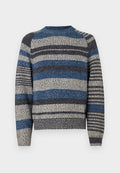 Strickpullover mit horizontalen Streifen in Blau, Grau und Beige. Er verfügt über einen Rundhalsausschnitt sowie gerippte Bündchen und Saum. Mittelschweres Material.
