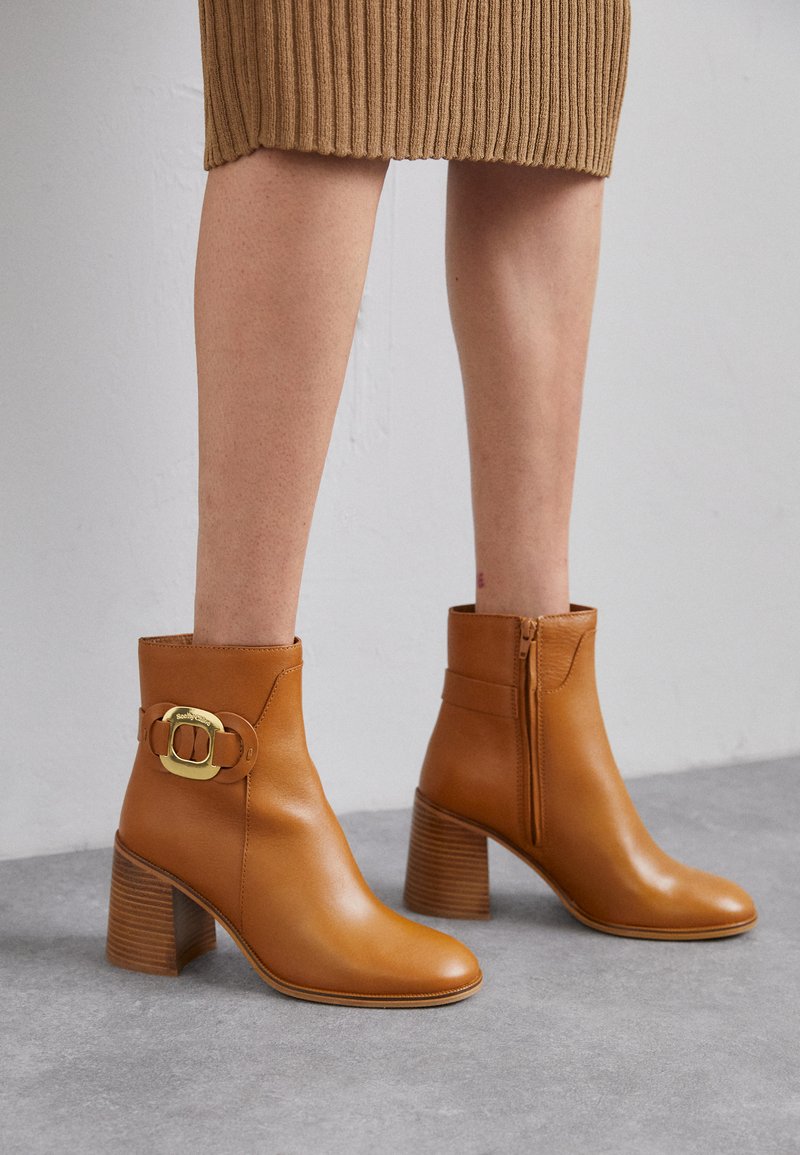 Braune Leder-Ankle-Boots mit einem klobigen Absatz, seitlichem Reißverschluss und einer goldfarbenen Schnallen-Akzentuierung. Glatte Textur mit einem eleganten Design.