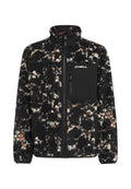Schwarze und cremefarbene Fleecejacke mit hohem Kragen, Reißverschluss vorne und Brusttasche. Sie hat eine strukturierte, flauschige Oberfläche mit einem Farbmix.