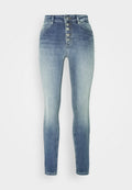 Hochgeschnittene Skinny-Jeans aus verlaufsblauem Denim, mit Fünf-Knopf-Verschluss, Vordertaschen und einer schlanken Passform bis zum Knöchel.