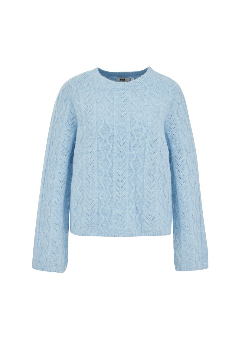 Hellblauer Pullover mit langen Ärmeln, einem runden Halsausschnitt und strukturierten Zopfmusterungen im gesamten Stoff.