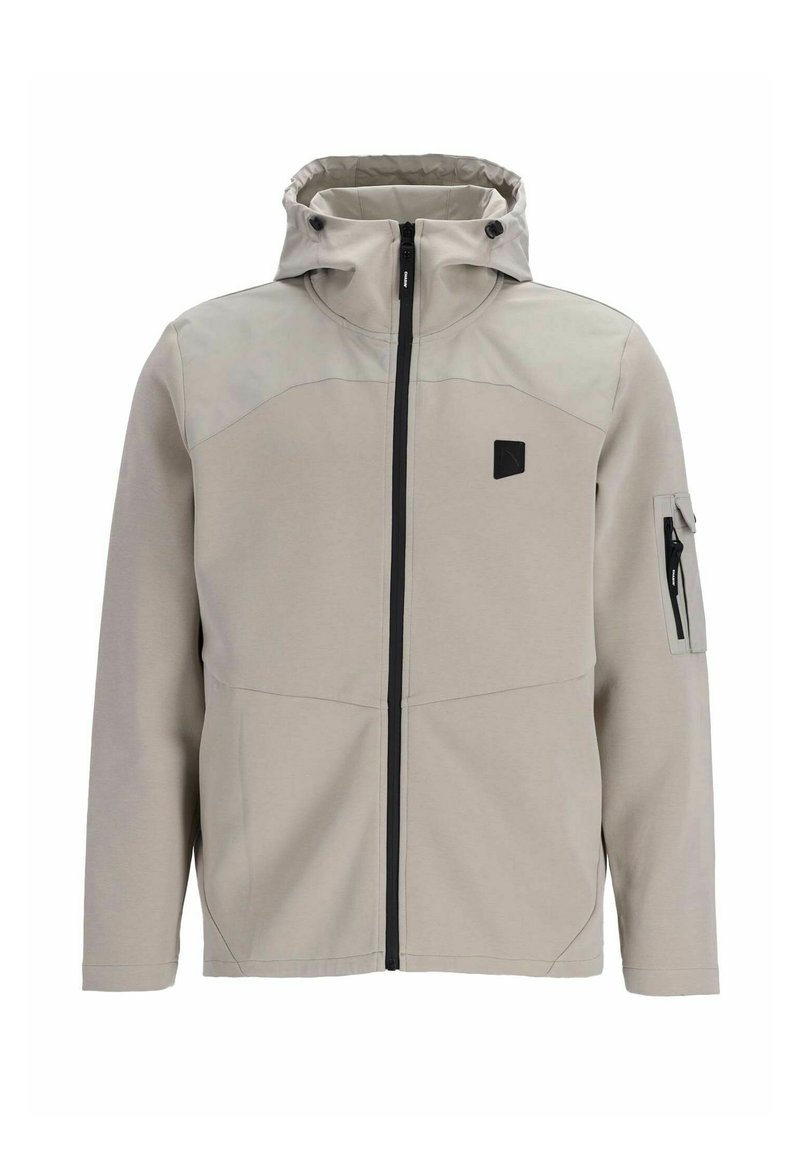 Helle graue Jacke mit einem Reißverschluss vorne, Kapuze und kontrastierendem schwarzen Reißverschluss. Verfügt über einfarbige Einsätze und eine Reißverschlusstasche am Arm.