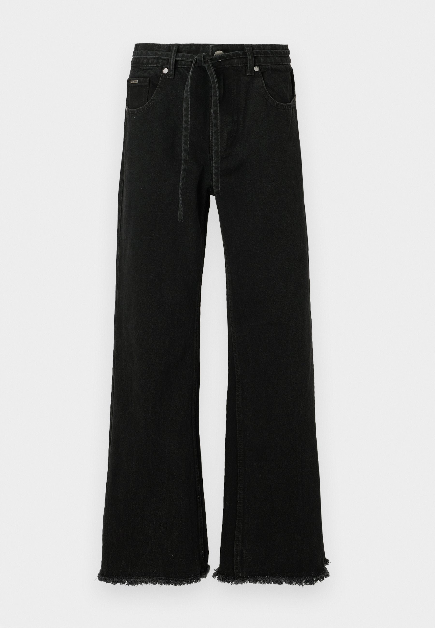 Schwarze Jeans-Hosen mit weitem Bein, hoher Taille, Kordelzug, fransigem Saum und fünf Taschen. Hergestellt aus robustem, strukturiertem Stoff.