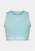 Mintgrünes Crop-Top mit rundem Halsauschnitt und breitem elastischem Bund, auf dem "NIKE PRO" in weißer Schrift steht. Hergestellt aus glattem, dehnbarem Stoff.