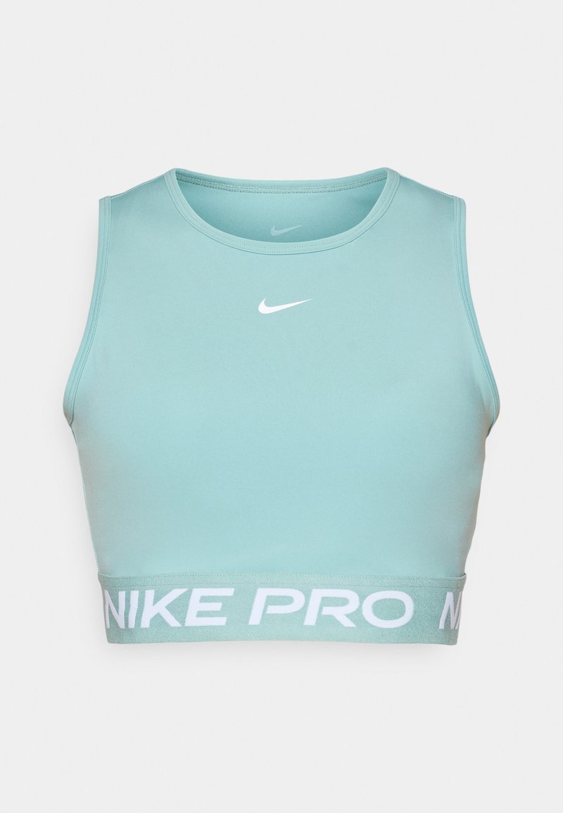 Mintgrünes Crop-Top mit rundem Halsauschnitt und breitem elastischem Bund, auf dem "NIKE PRO" in weißer Schrift steht. Hergestellt aus glattem, dehnbarem Stoff.
