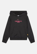Schwarzer Hoodie aus Baumwolle mit einer Fronttasche, einer Kapuze mit Kordelzug und pinkem Text: "CHELSEA FC LONDON" mit einem Nike-Logo darüber.
