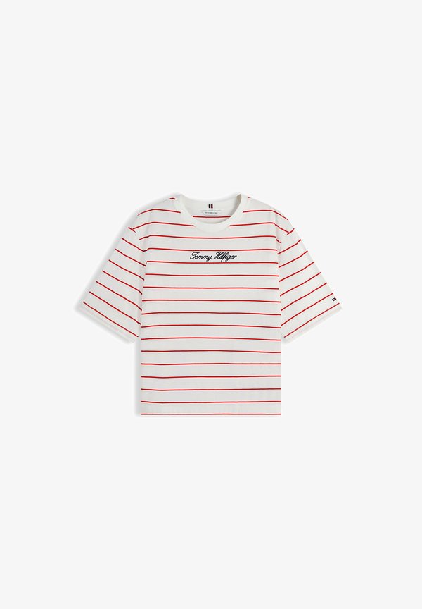 Tommy Hilfiger TOMMY HILFIGER LOGO EMBROIDERY RELAXED CREW NECK T-SHIRT - Print T-shirt - fine stp ecru   fire red