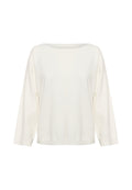 Cremefarbener, langärmeliger Pullover mit rundem, weitem Halsausschnitt und weichem, strukturiertem Stoff. Verfügt über fallende Schultern und eine lockere Passform.