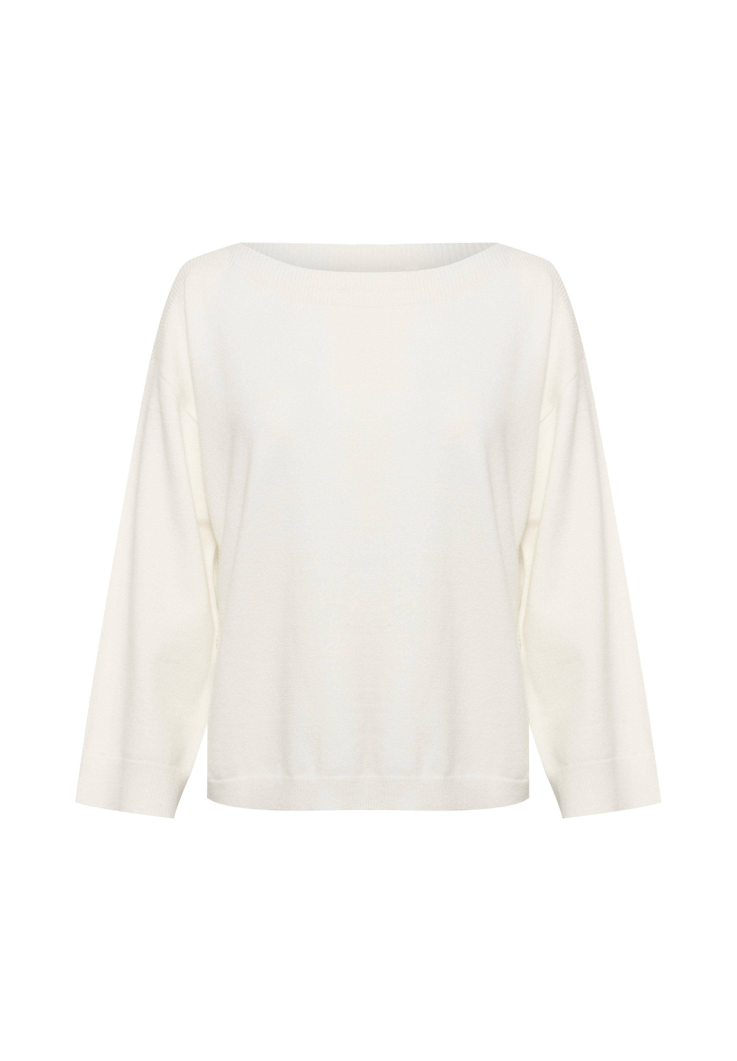 Cremefarbener, langärmeliger Pullover mit rundem, weitem Halsausschnitt und weichem, strukturiertem Stoff. Verfügt über fallende Schultern und eine lockere Passform.