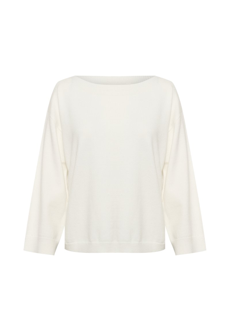 Cremefarbener, langärmeliger Pullover mit rundem, weitem Halsausschnitt und weichem, strukturiertem Stoff. Verfügt über fallende Schultern und eine lockere Passform.