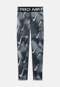 Schwarze und graue Nike Pro Leggings mit durchgehendem, verschwommenen weißen Swoosh-Logo und einem schwarzen Bund mit "NIKE PRO"-Aufschrift.