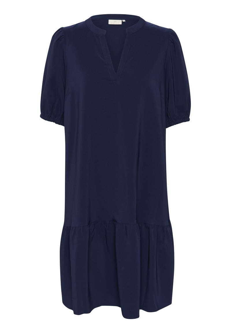 Navyblaues Kleid mit V-Ausschnitt, kurzen Puffärmeln und einem schichten, gerafften Saum. Hergestellt aus weichem Stoff mit glatter Textur.