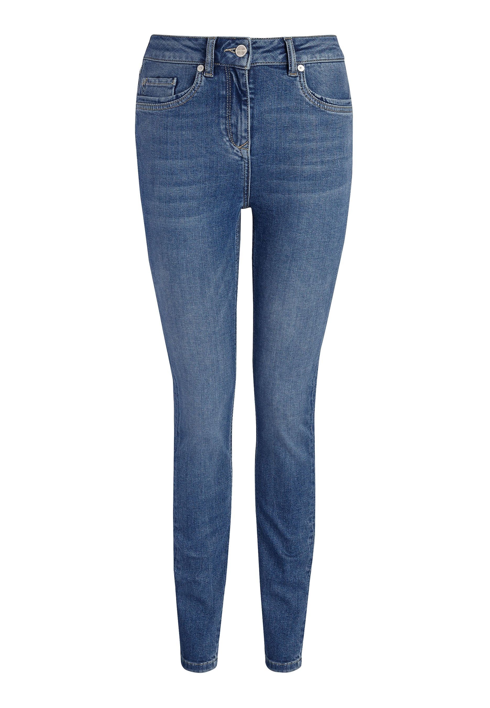 Schmale Jeans aus Denim in einem mittleren Blauton. Mit hoher Taille, fünf Taschen und dezenten Nähakzenten.