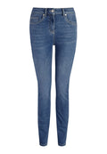 Schmale Jeans aus Denim in einem mittleren Blauton. Mit hoher Taille, fünf Taschen und dezenten Nähakzenten.