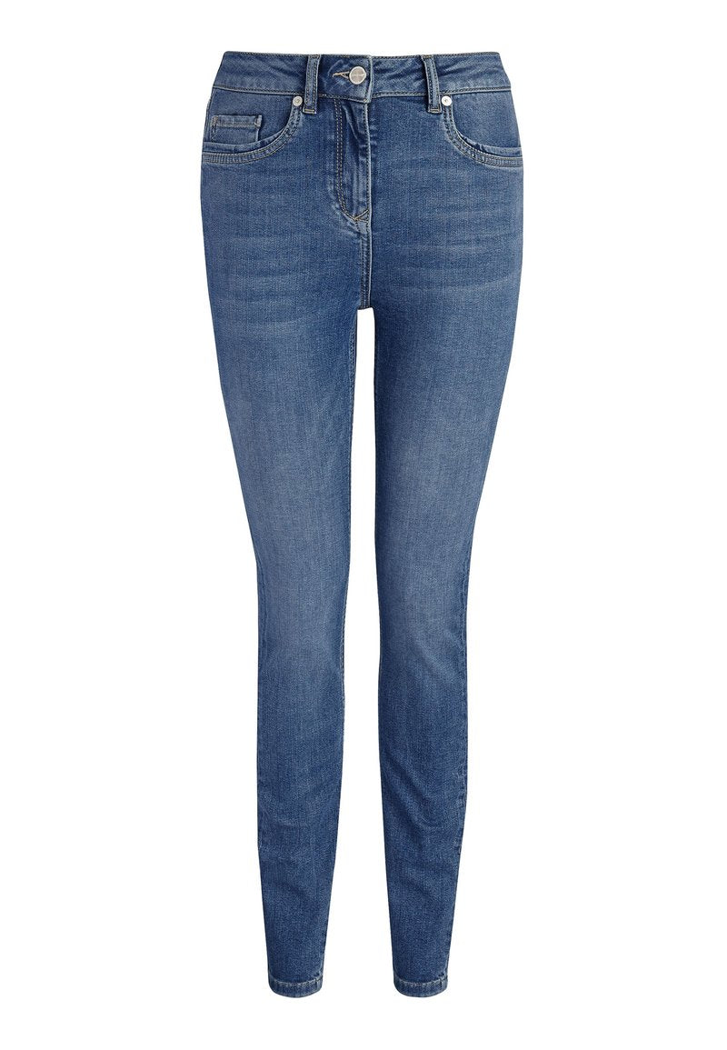 Schmale Jeans aus Denim in einem mittleren Blauton. Mit hoher Taille, fünf Taschen und dezenten Nähakzenten.