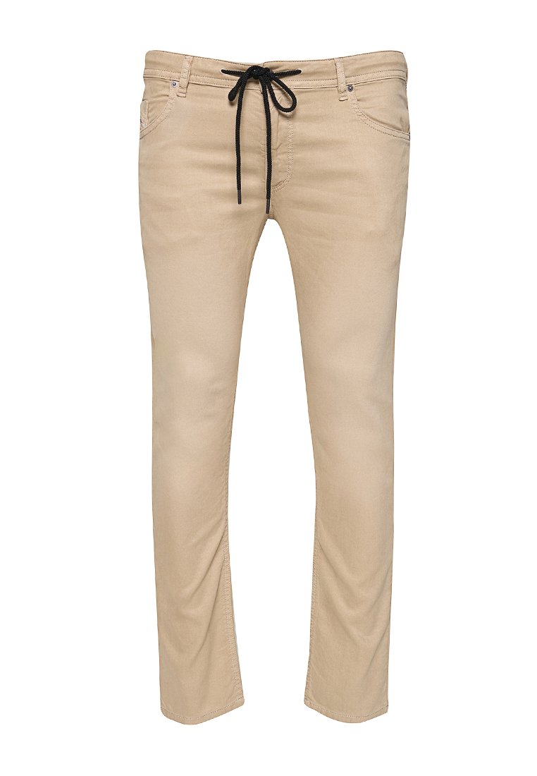 Beige Baumwoll-Chinos mit schmaler Passform, ausgestattet mit einem Tunnelzug in der Taille, fünf Taschen und dezenten Steppdetails. Glatte Textur mit geraden Beinen.