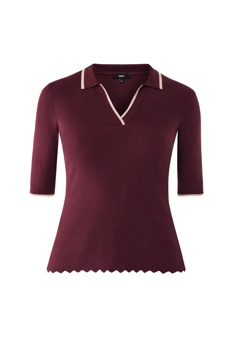 Maroon ribbed Strickoberteil mit kurzen Ärmeln, beigem Kragen und Manschetten, V-Ausschnitt und gewelltem Saum, Größe M.