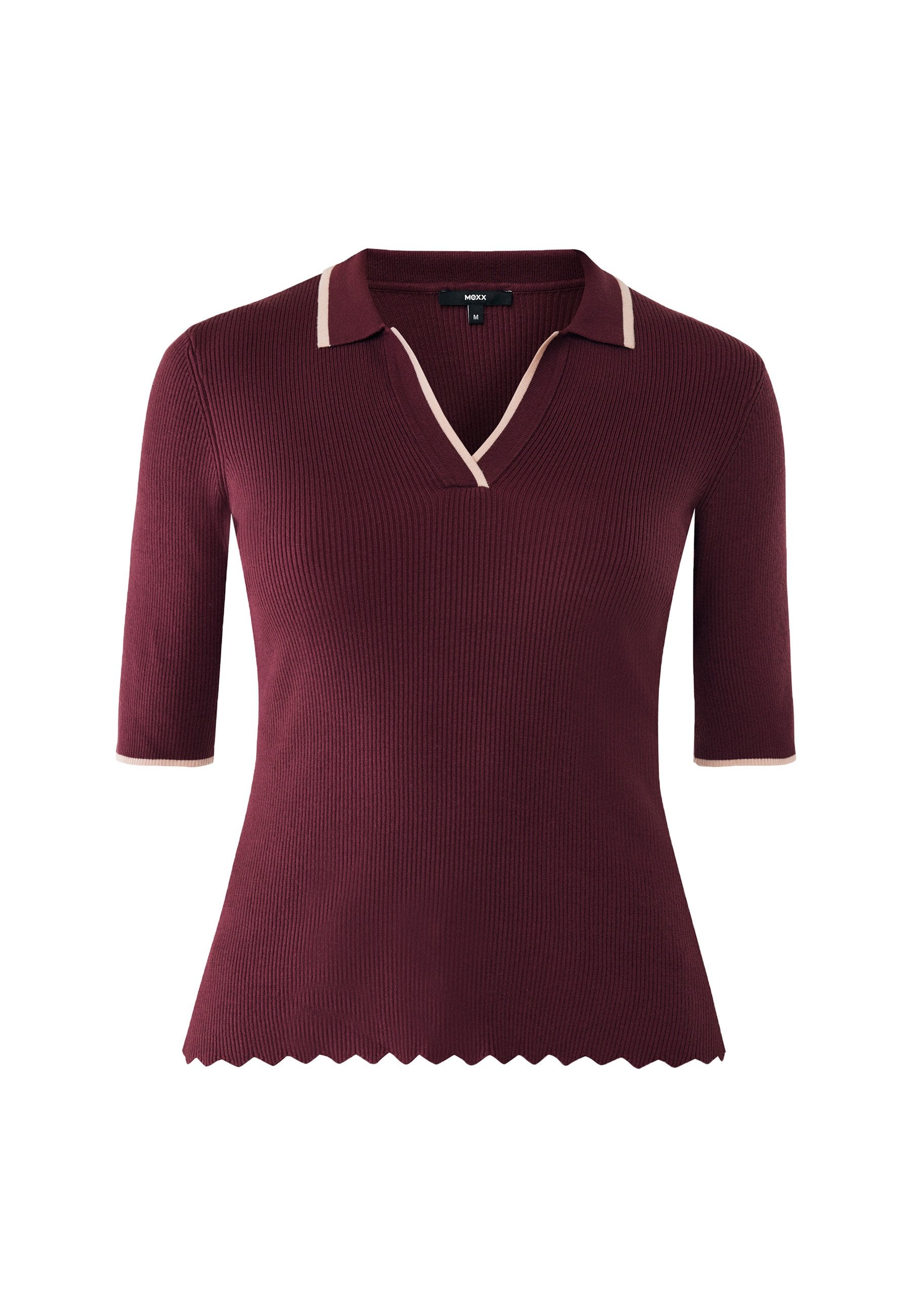 Maroon ribbed Strickoberteil mit kurzen Ärmeln, beigem Kragen und Manschetten, V-Ausschnitt und gewelltem Saum, Größe M.