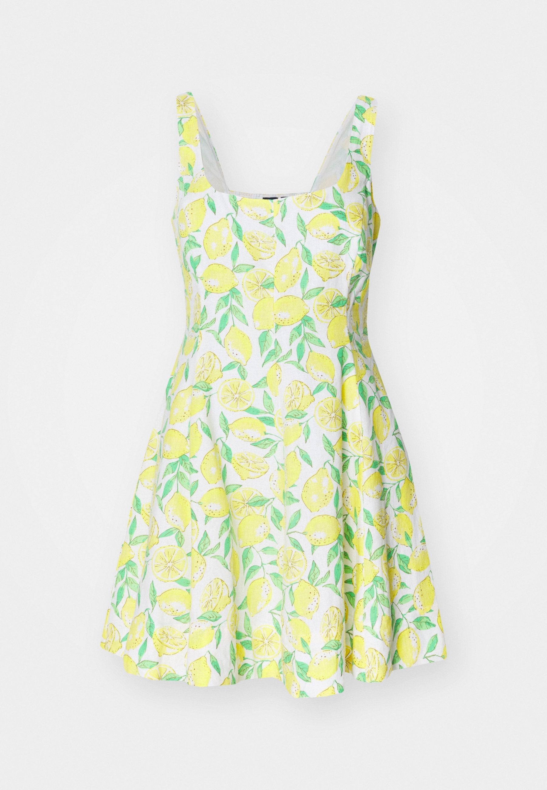 Ärmelloses Kleid mit Zitronenmuster aus leichtem Stoff, das einen schwingenden Rock und einen weißen Hintergrund mit grünen Blättern und gelben Zitronen aufweist.