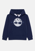 Navyblaues Hoodie aus Baumwolle mit einem weißen Baum-Logo auf der Vorderseite, Kordelzugkapuze und Kängurutasche. Gerippte Bündchen und Saum.