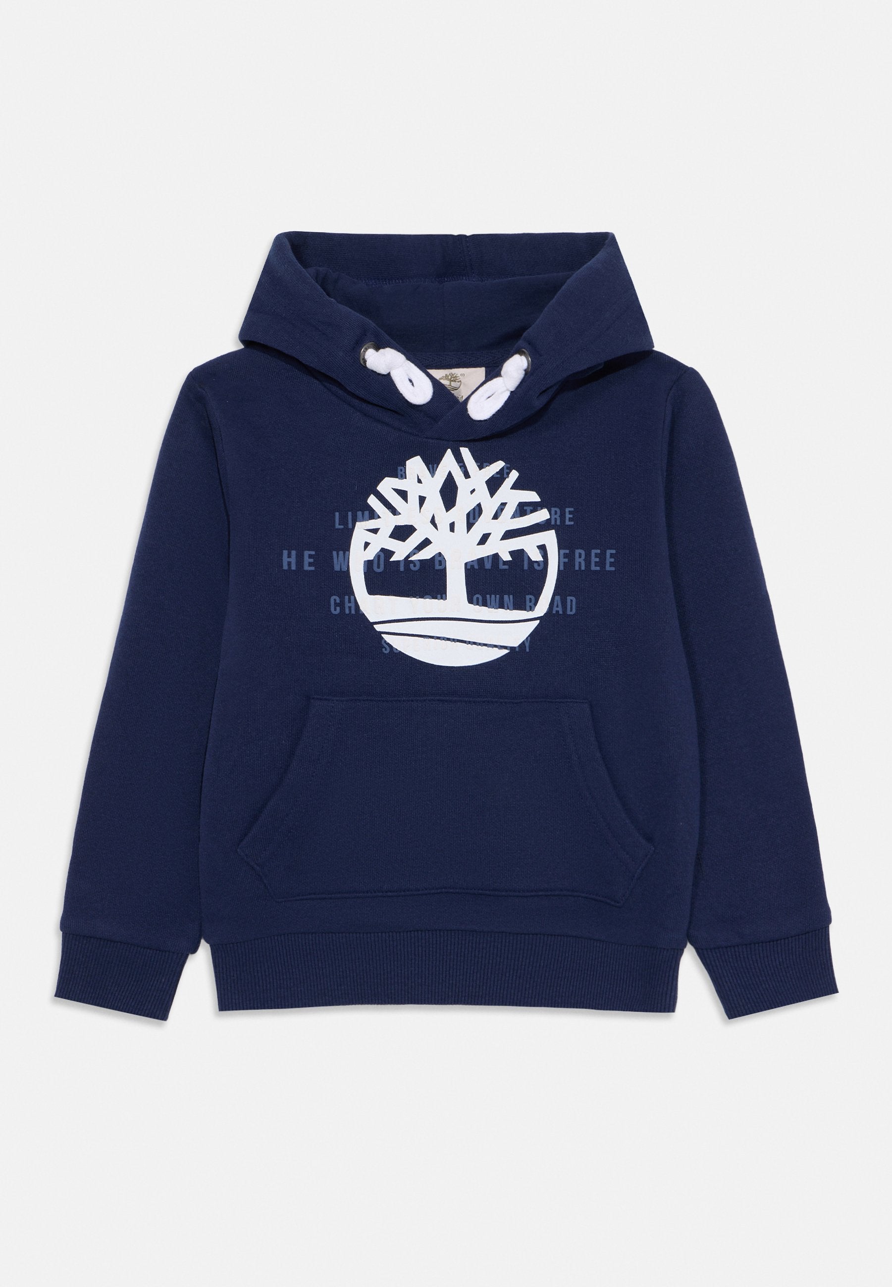 Navyblaues Hoodie aus Baumwolle mit einem weißen Baum-Logo auf der Vorderseite, Kordelzugkapuze und Kängurutasche. Gerippte Bündchen und Saum.