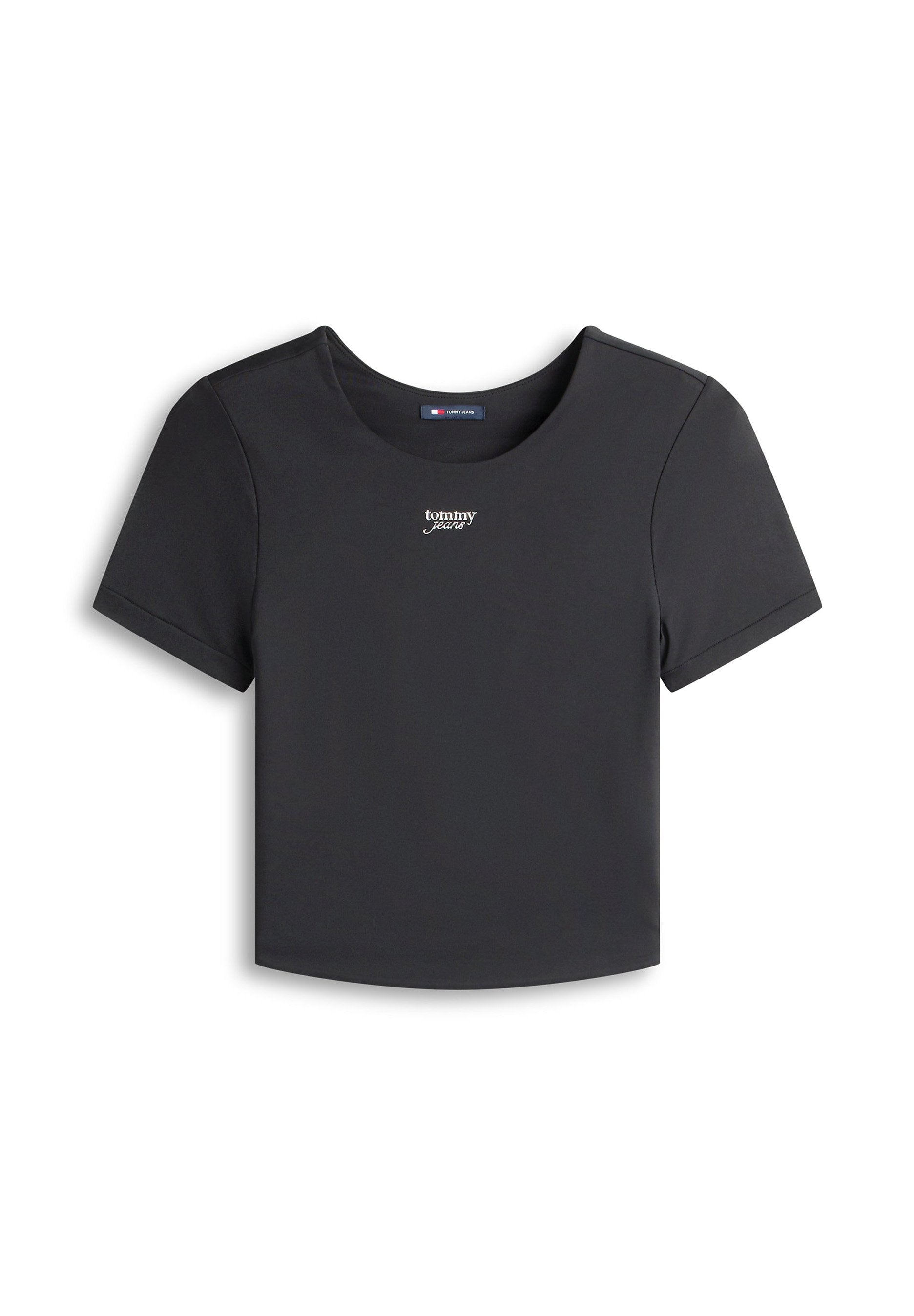 Schwarzes, kurzärmeliges, bauchfreies T-Shirt mit rundem Ausschnitt und kleinem weißen "tommy jeans"-Logo in der Mitte der Brust.