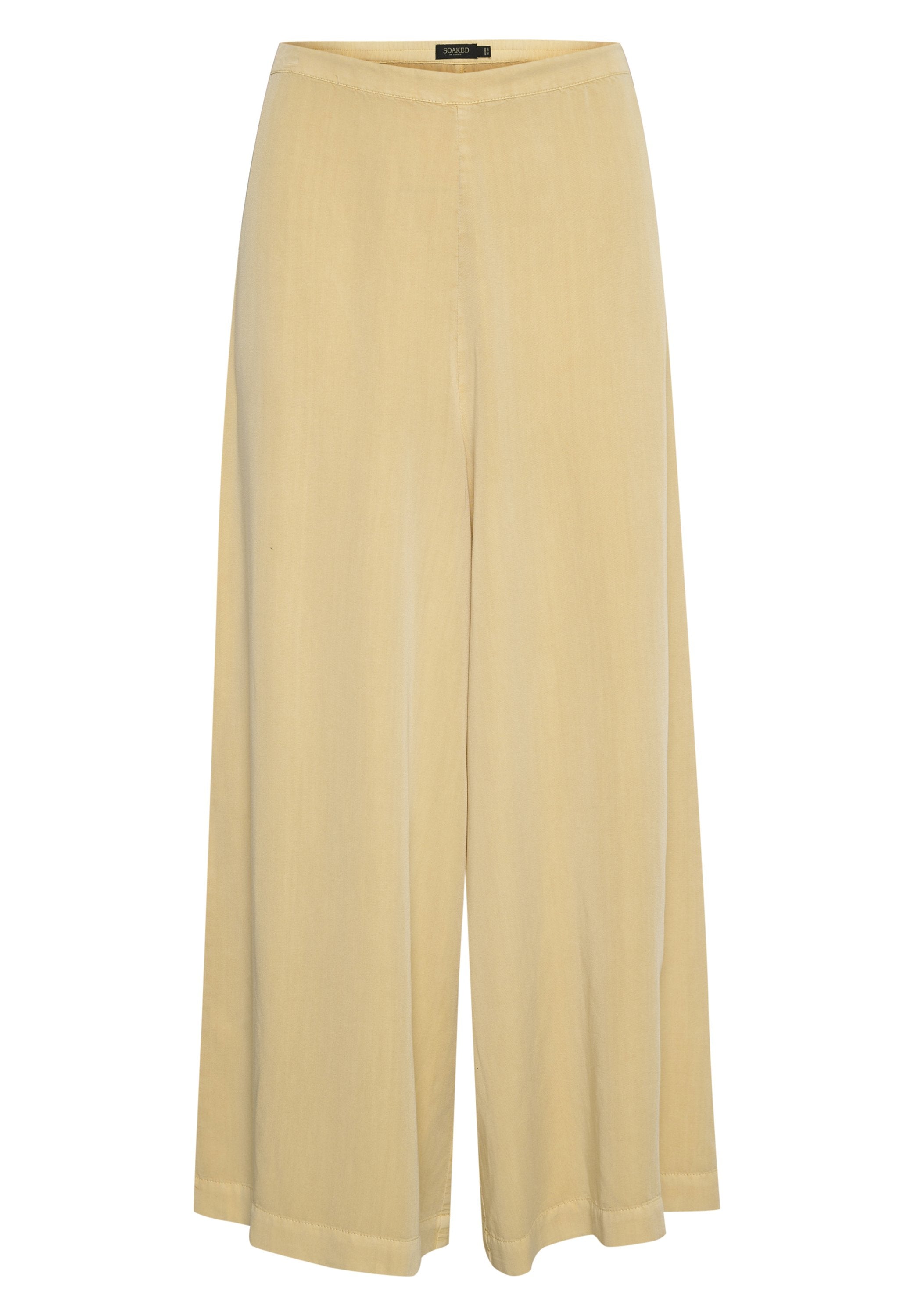 Helle gelbe weit geschnittene Hose aus glattem Stoff, mit hoher Taille, klaren Linien und subtiler Naht am Saum. Keine Verzierungen.