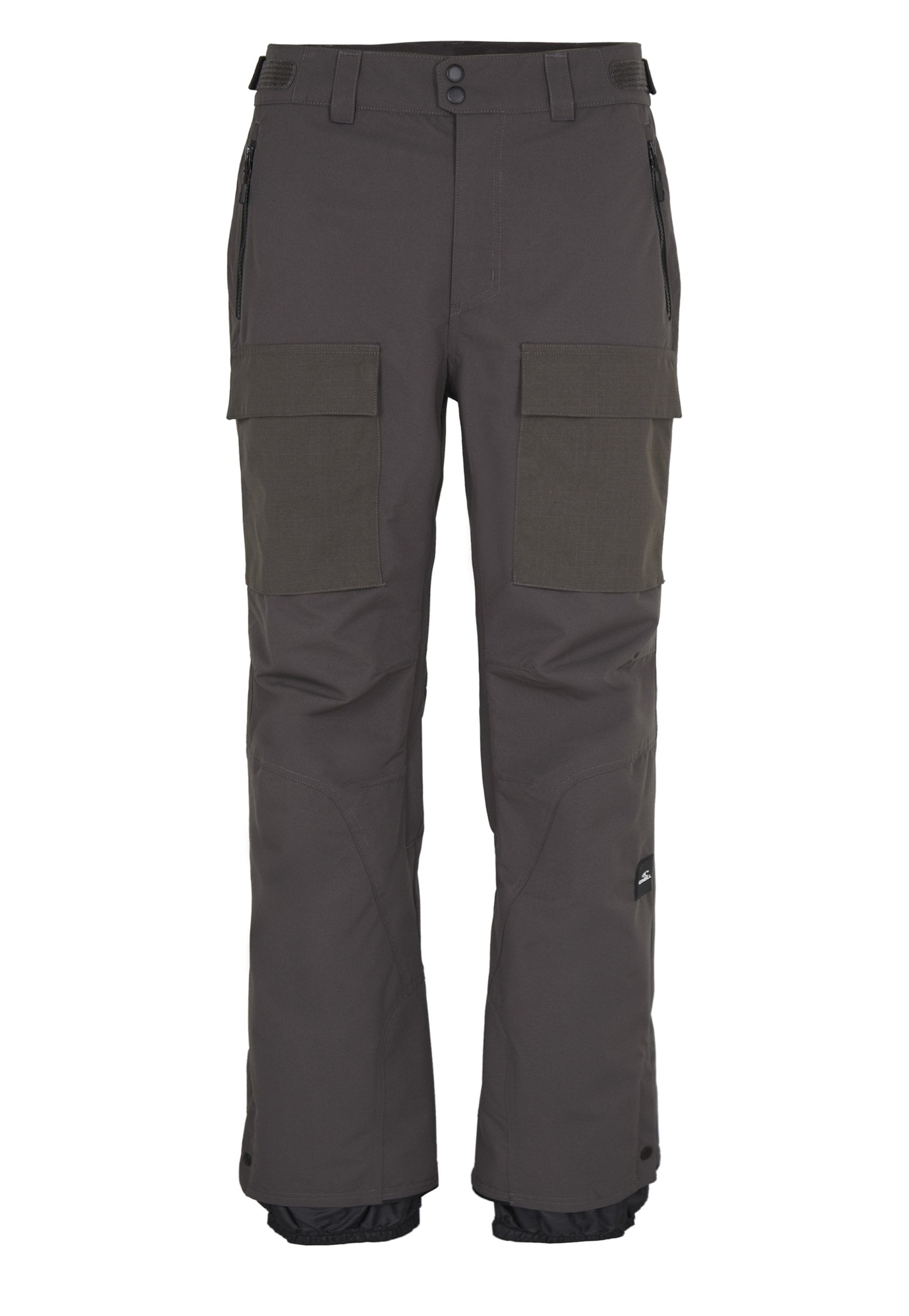 Cargo-Hosen aus dunkelgrauem Stoff mit mehreren großen Taschen, einem robusten Bund und verstärkten Unterschenkeln mit schwarzen Akzenten.