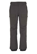 Cargo-Hosen aus dunkelgrauem Stoff mit mehreren großen Taschen, einem robusten Bund und verstärkten Unterschenkeln mit schwarzen Akzenten.