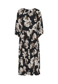 Schwarzes Kleid mit einem floralen Muster in Creme und Braun. Das Design umfasst einen gerafften Ausschnitt und 3/4-Ärmel.