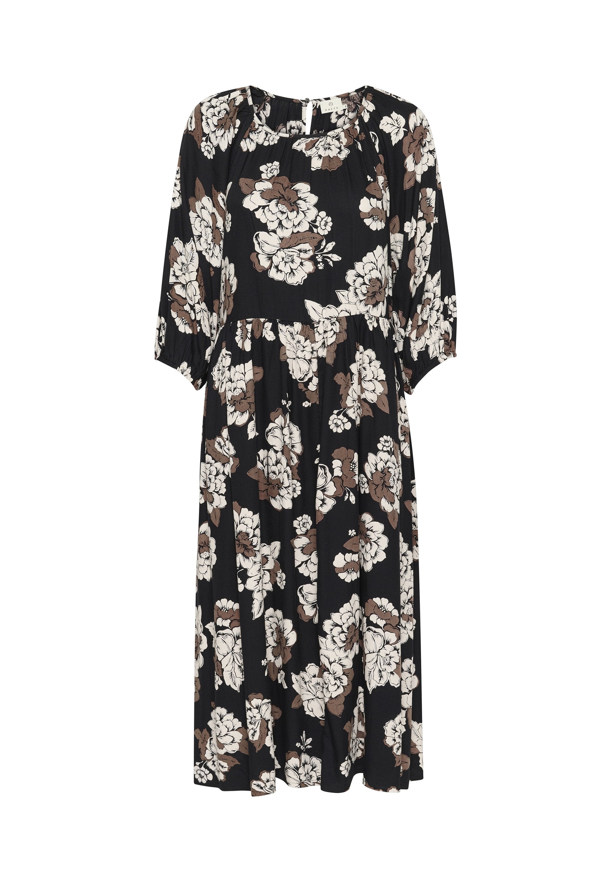 Schwarzes Kleid mit einem floralen Muster in Creme und Braun. Das Design umfasst einen gerafften Ausschnitt und 3/4-Ärmel.