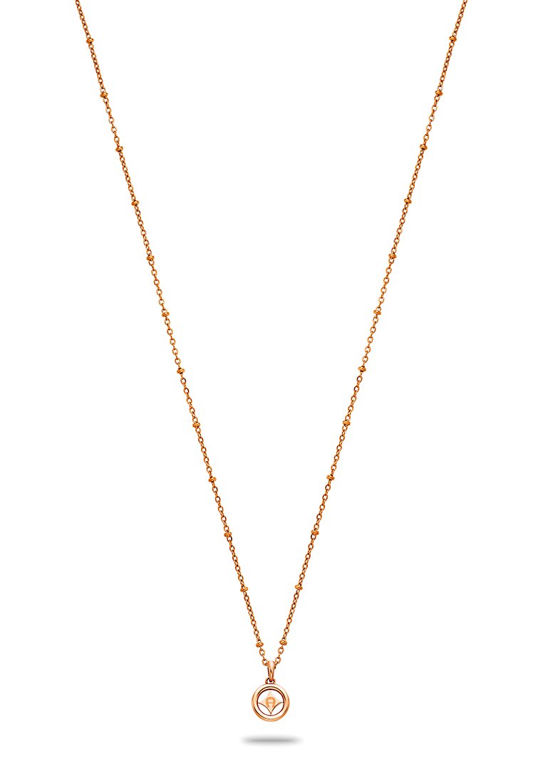 Halskette aus Roségold mit einer feinen Kette und einem runden Anhänger, der ein einfaches Design und subtile Details zeigt.