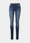 Dünne Jeans aus dunkelblauem Denim mit ausgewaschenem Effekt, featuring abgetragenen Stellen und klassischem Fünf-Taschen-Design.