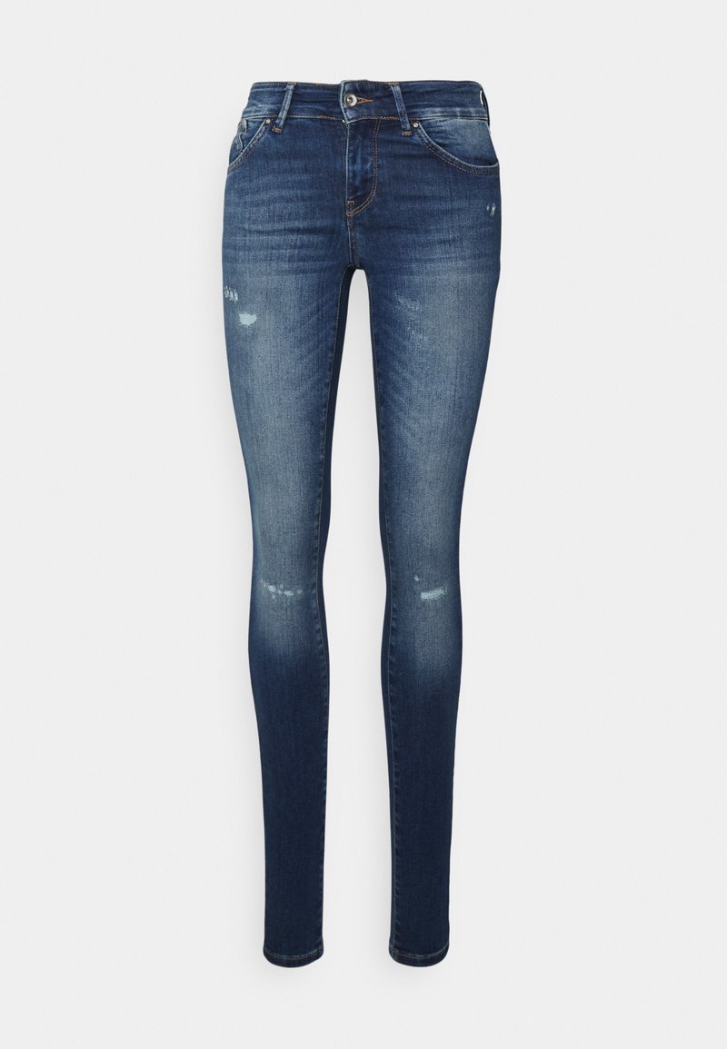 Dünne Jeans aus dunkelblauem Denim mit ausgewaschenem Effekt, featuring abgetragenen Stellen und klassischem Fünf-Taschen-Design.