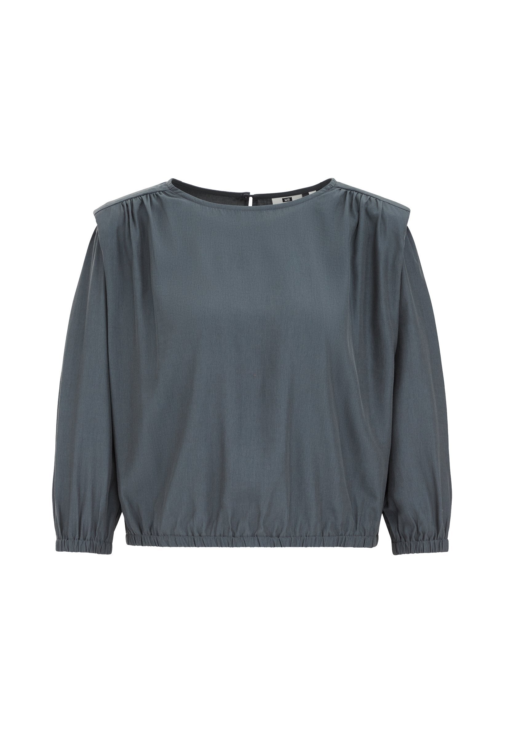 Graue Bluse mit langen Ärmeln, Rundhalsausschnitt, gerafften Schultern und elastischem Abschluss. Glattes Material mit einem subtilen Glanz.