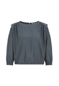 Graue Bluse mit langen Ärmeln, Rundhalsausschnitt, gerafften Schultern und elastischem Abschluss. Glattes Material mit einem subtilen Glanz.
