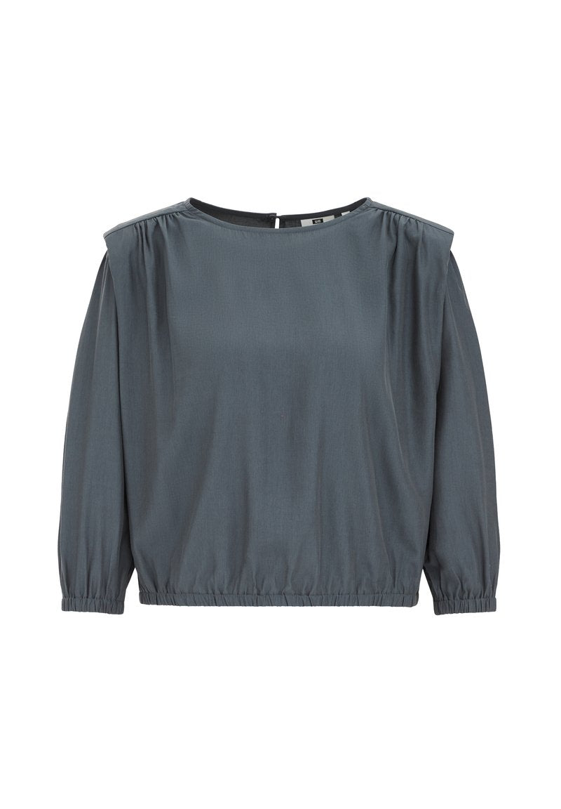 Graue Bluse mit langen Ärmeln, Rundhalsausschnitt, gerafften Schultern und elastischem Abschluss. Glattes Material mit einem subtilen Glanz.