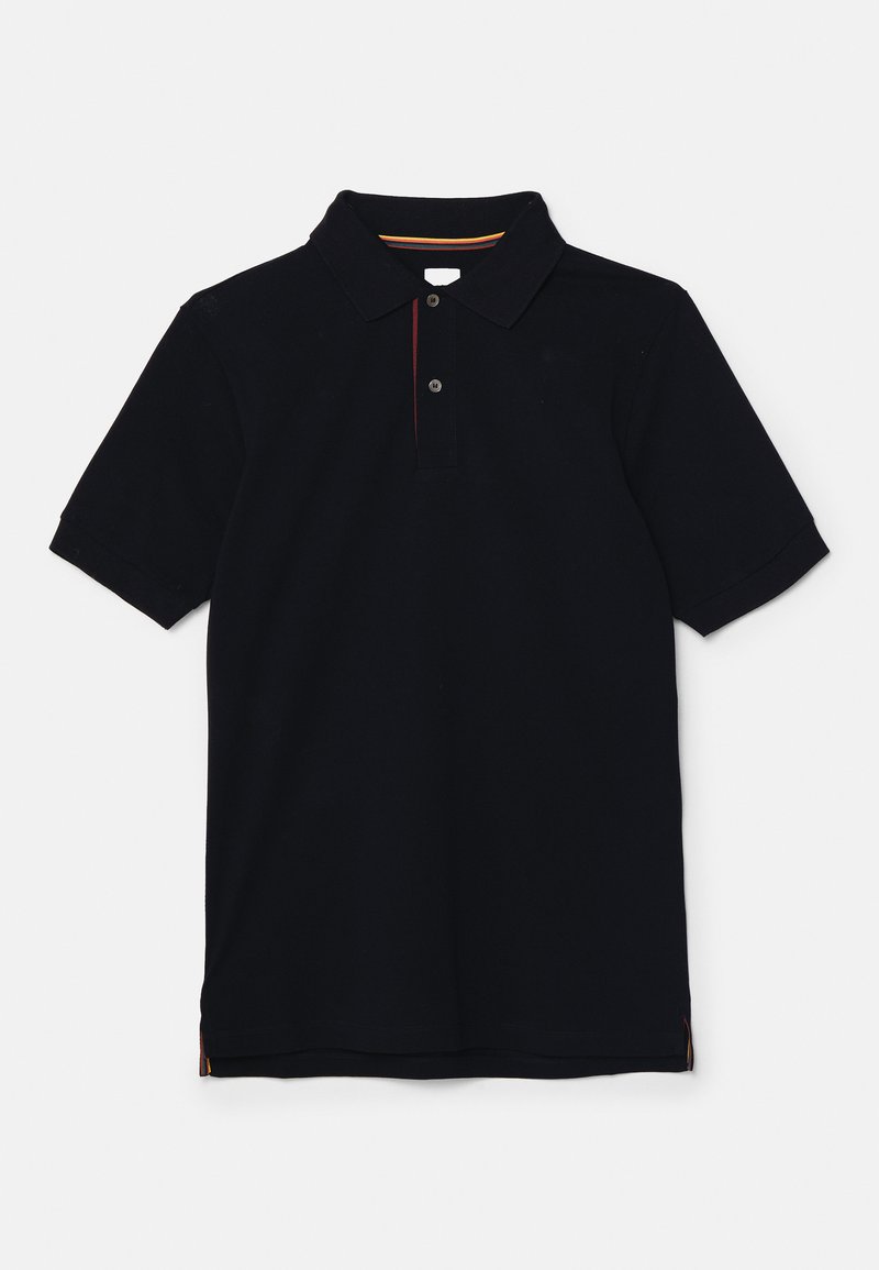 Navy-Polo-Shirt aus Baumwolle, ausgestattet mit einem klassischen Kragen, zwei Knöpfen und dezenten roten und gelben Streifen am inneren Halsauschnitt.